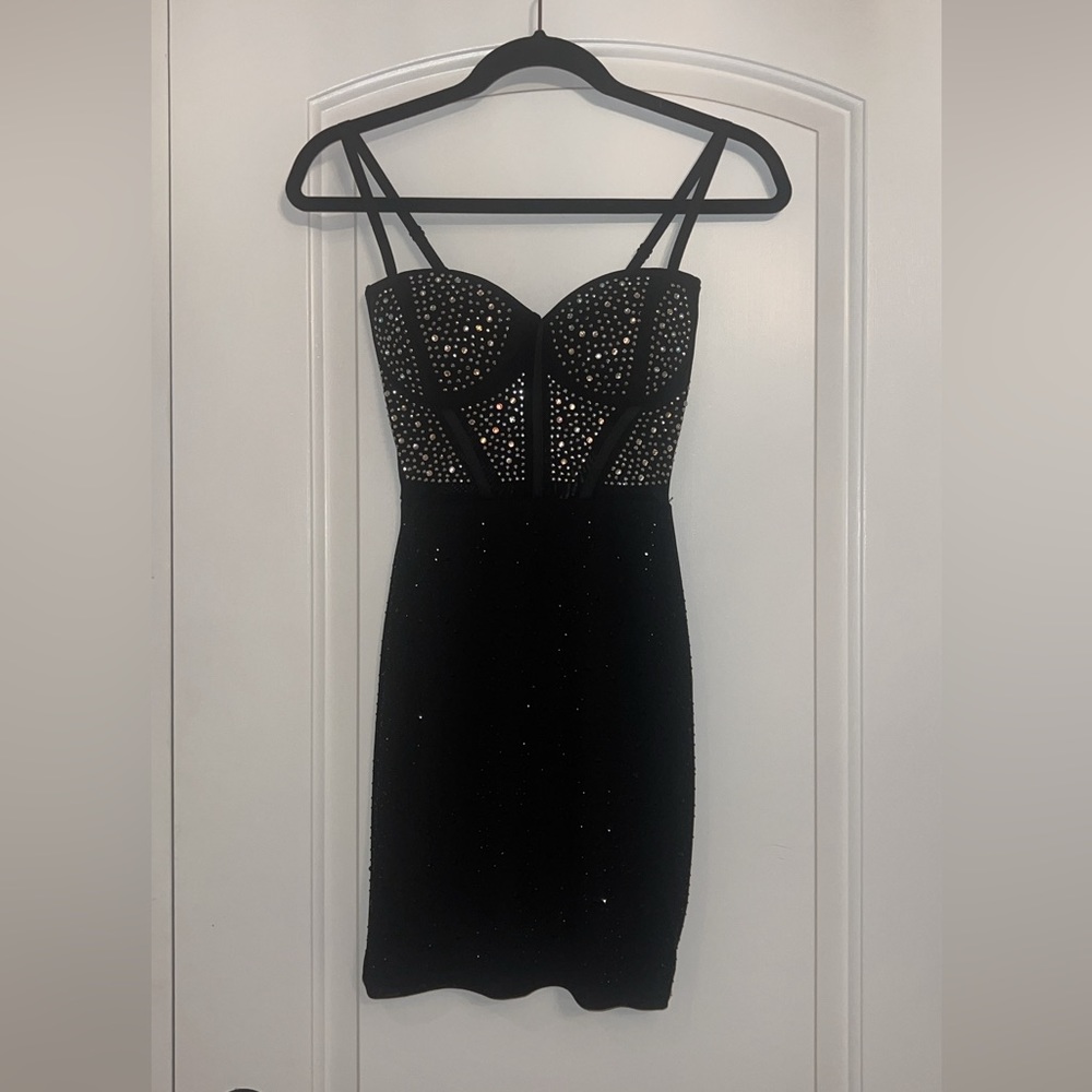 Black Mesh Rhinestone Dress